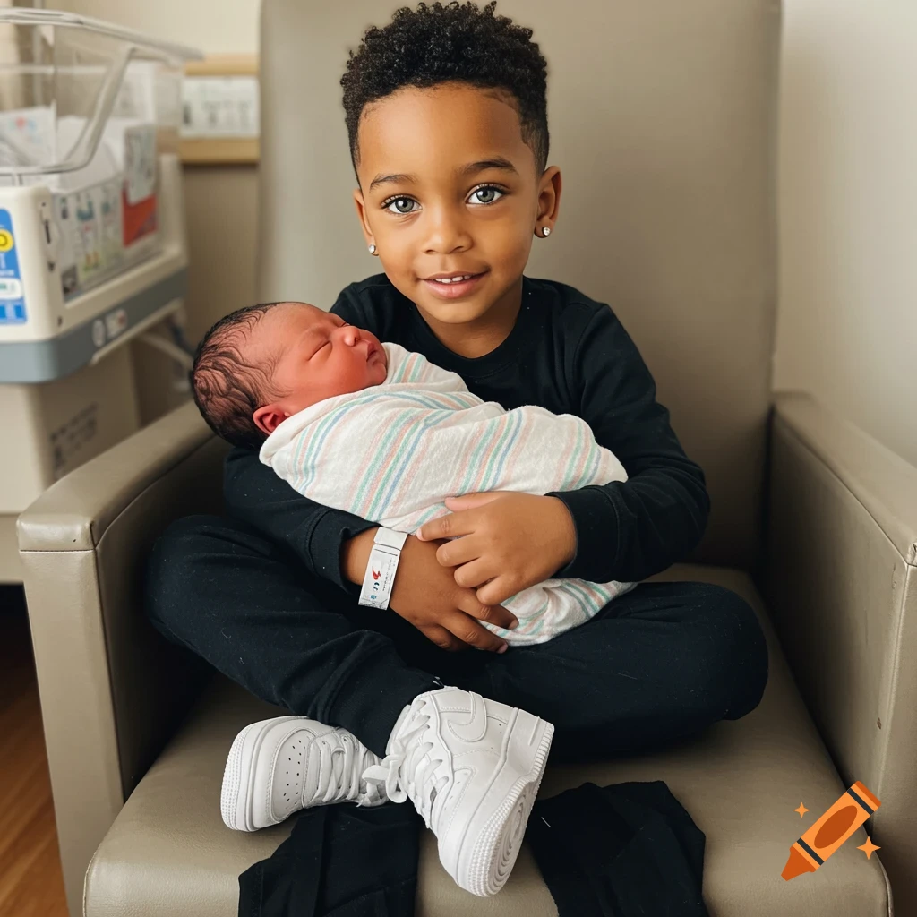 A young boy with green eyes sits in a hospital chair, smiling while holding his swaddled newborn baby brother.