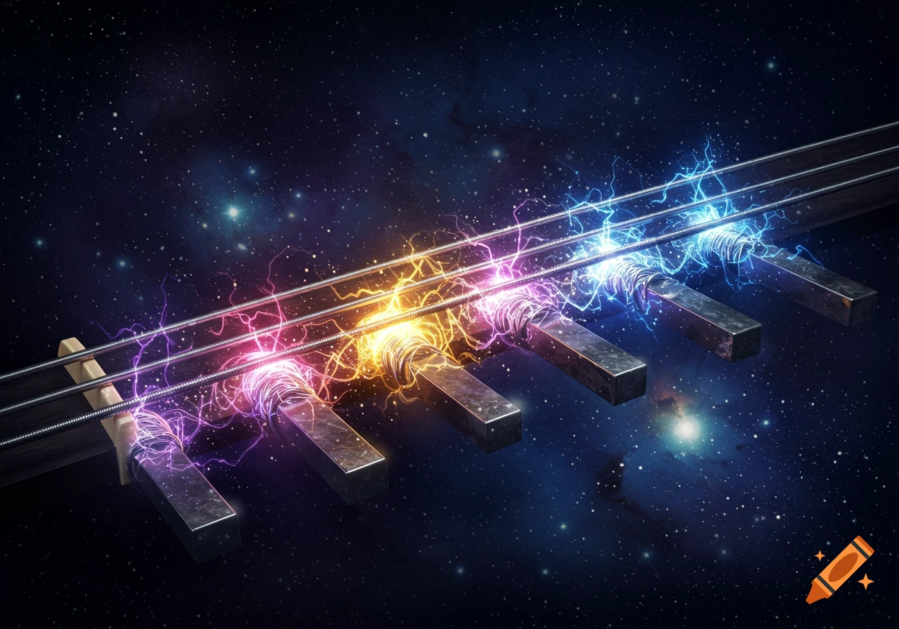 Guitar strings glowing with colorful electrical energy against a starry space background.