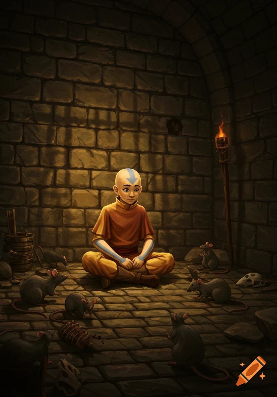 Aang sits cross-legged in a dimly lit stone dungeon cell, surrounded by rats, with a burning torch on the wall.