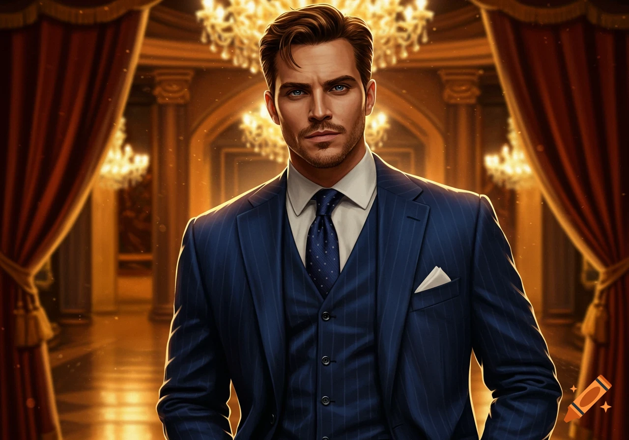 A dapper man in a blue pinstripe three-piece suit stands in a luxurious golden hall with chandeliers and red curtains.