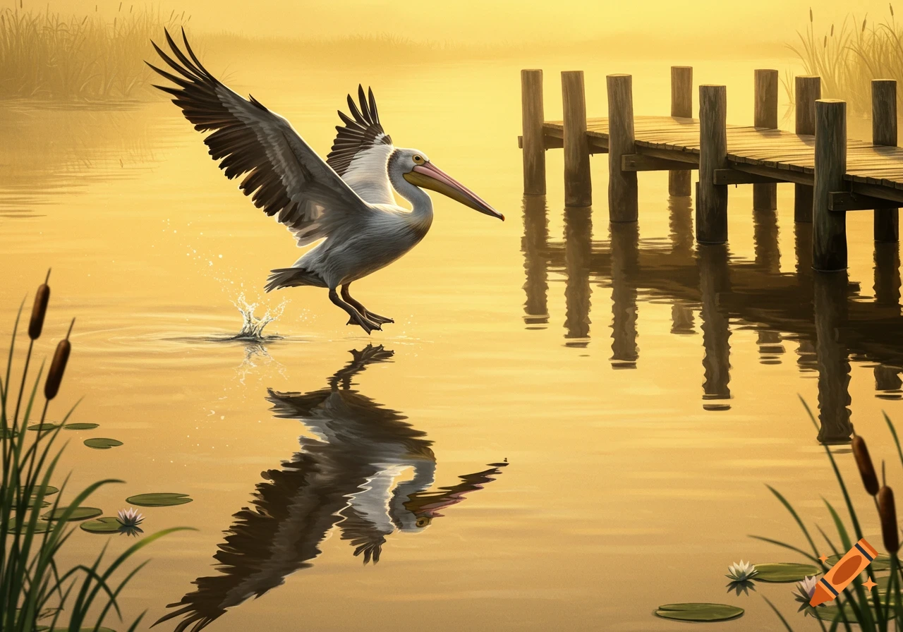 A pelican with outstretched wings takes flight from golden water near a wooden jetty, surrounded by cattails and lily pads.