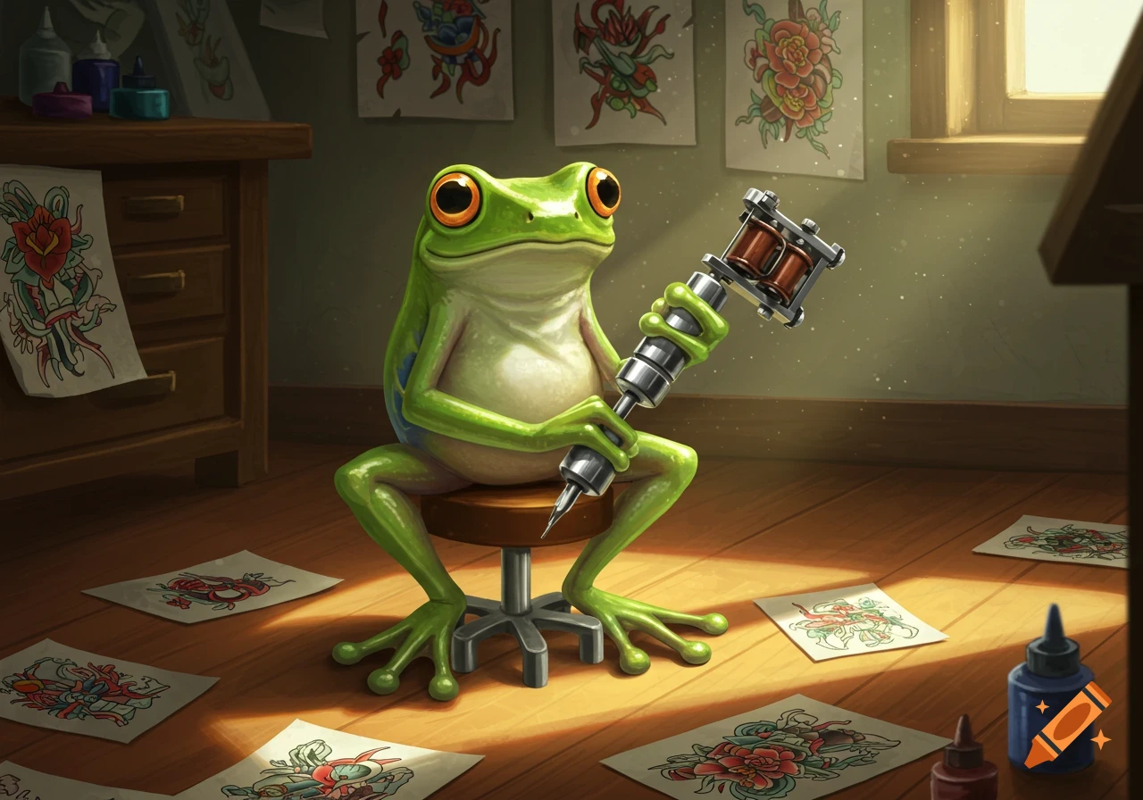 A cartoon green frog, sitting on a stool, holds a tattoo machine in a room filled with tattoo flash art.