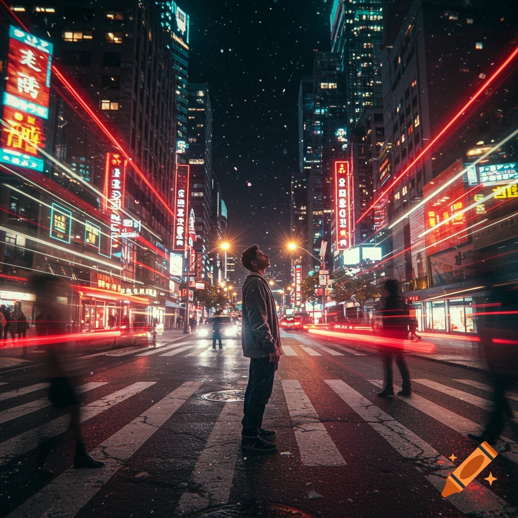 A person stands in the middle of a bustling, neon-lit city street at night, looking up at the sky, with light trails.