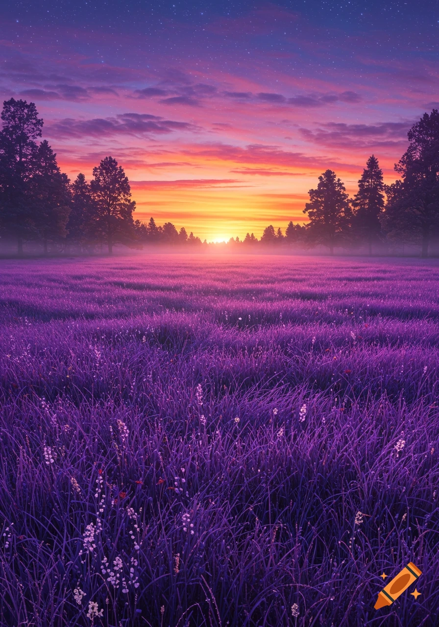 A vibrant purple grass field under a stunning sunset with silhouetted trees against a starry sky.