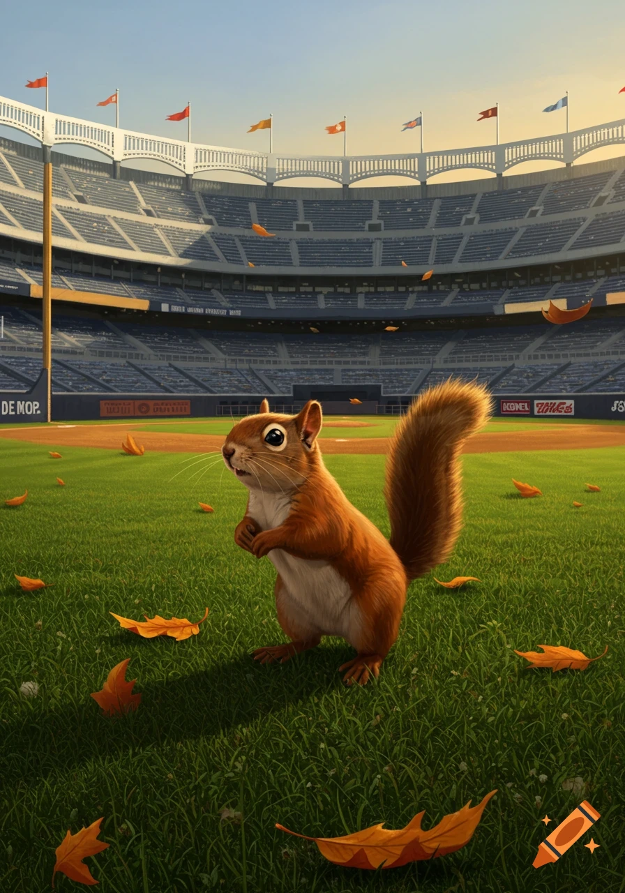 A cute, cartoon squirrel stands on the grassy field of an empty baseball stadium, surrounded by fallen autumn leaves.