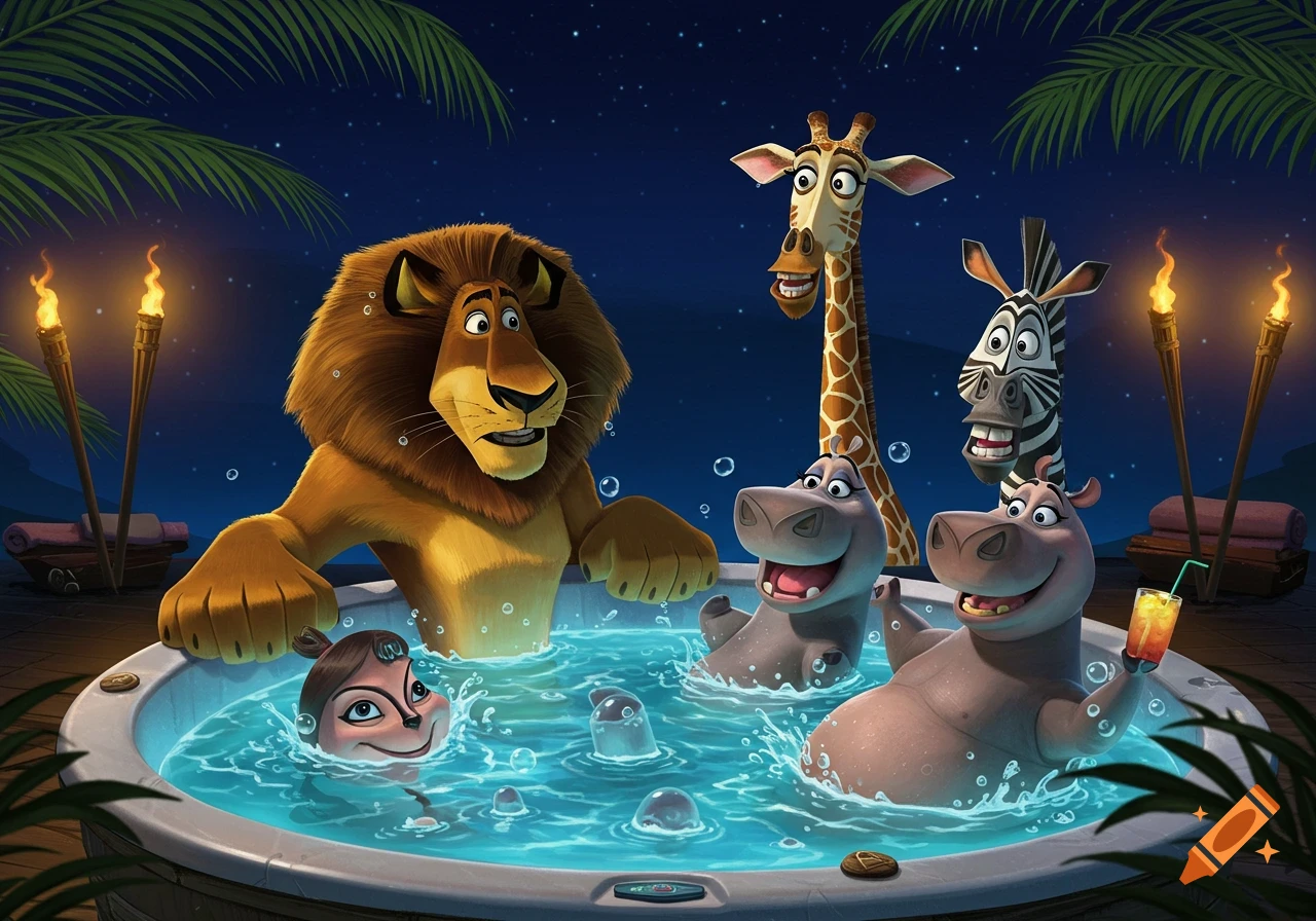 Cartoon characters from Madagascar, including Alex the lion and Gloria the hippo, in a hot tub at night with other animals.