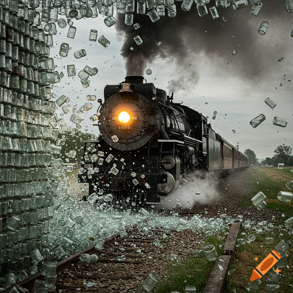 A photorealistic image of a vintage steam locomotive speeding through a wall of mason jars, sending glass fragments flying everywhere.
