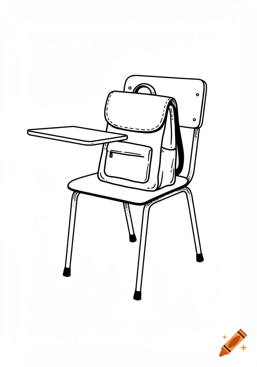 Black and white line drawing of a school desk chair with a backpack on it.