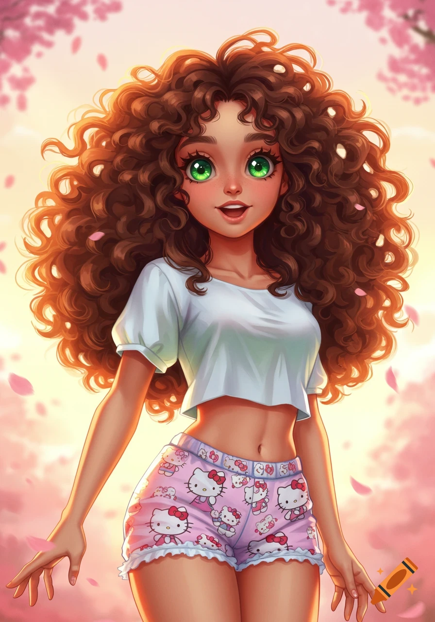 Anime girl with big green eyes and curly brown hair, wearing a white crop top and pink Hello Kitty shorts.
