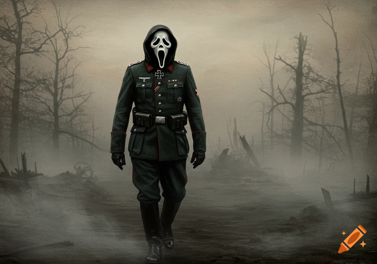 Ghostface wearing a World War II German uniform marches through a desolate, foggy, war-torn landscape.