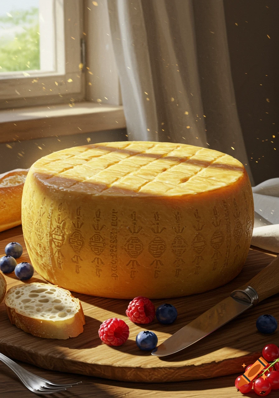 A photorealistic close-up of a large cheese wheel on a wooden board with sliced bread, raspberries, blueberries, and red currants, illuminated by sunlight.