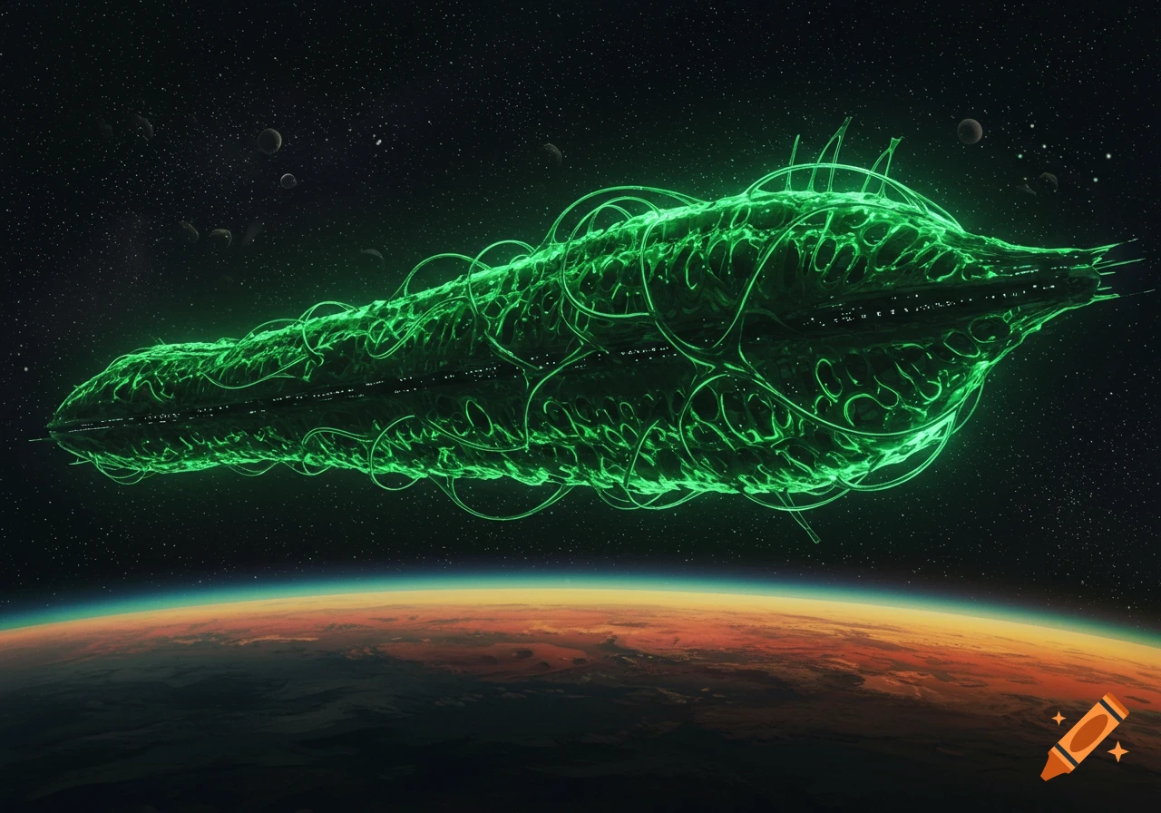 A large, green, glowing alien spaceship with intricate organic patterns hovers above a planet in deep space.