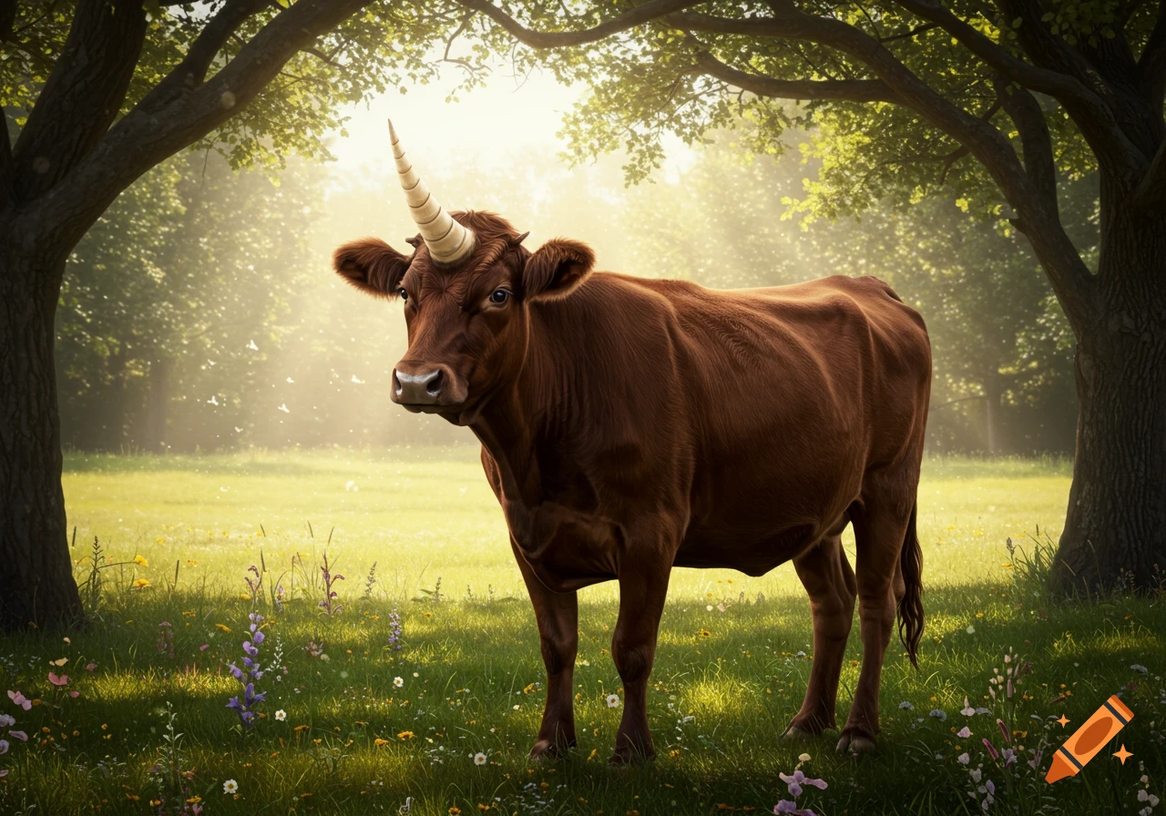 A brown cow with a unicorn horn stands in a sunlit grassy field with trees.