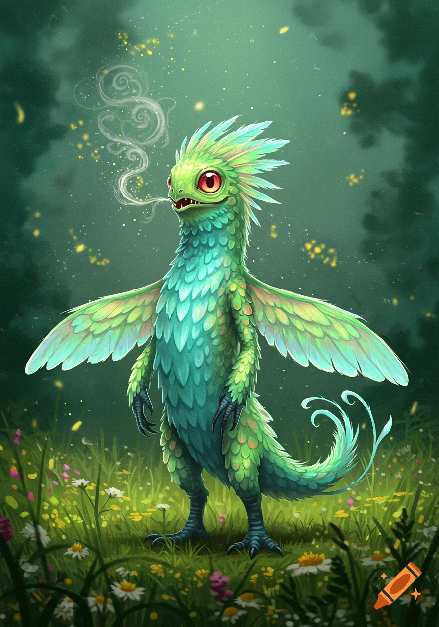 A cute, green, feathered monster with red eyes and small wings exhales smoke in a vibrant wildflower field illustration.