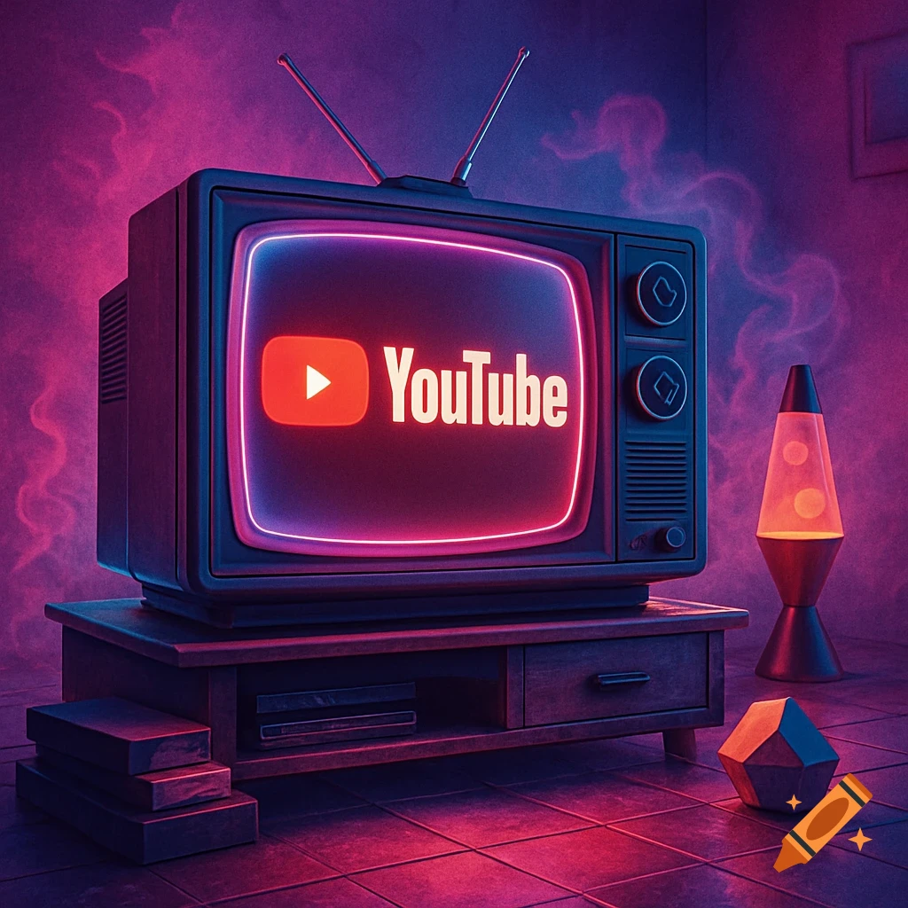 An old CRT television displaying the YouTube logo, set in a vaporwave room with purple and pink neon lighting, a lava lamp, and geometric objects.