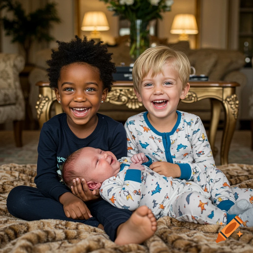Two smiling boys and a baby on a fuzzy blanket in a luxurious living room.