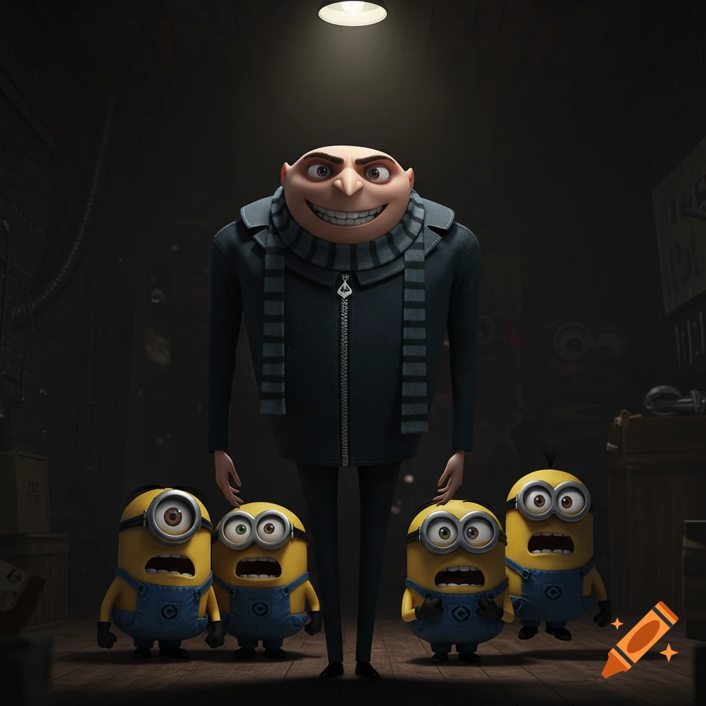 Gru with a creepy grin staring at the viewer, surrounded by four screaming, scared Minions in a dark room, in an animated style.
