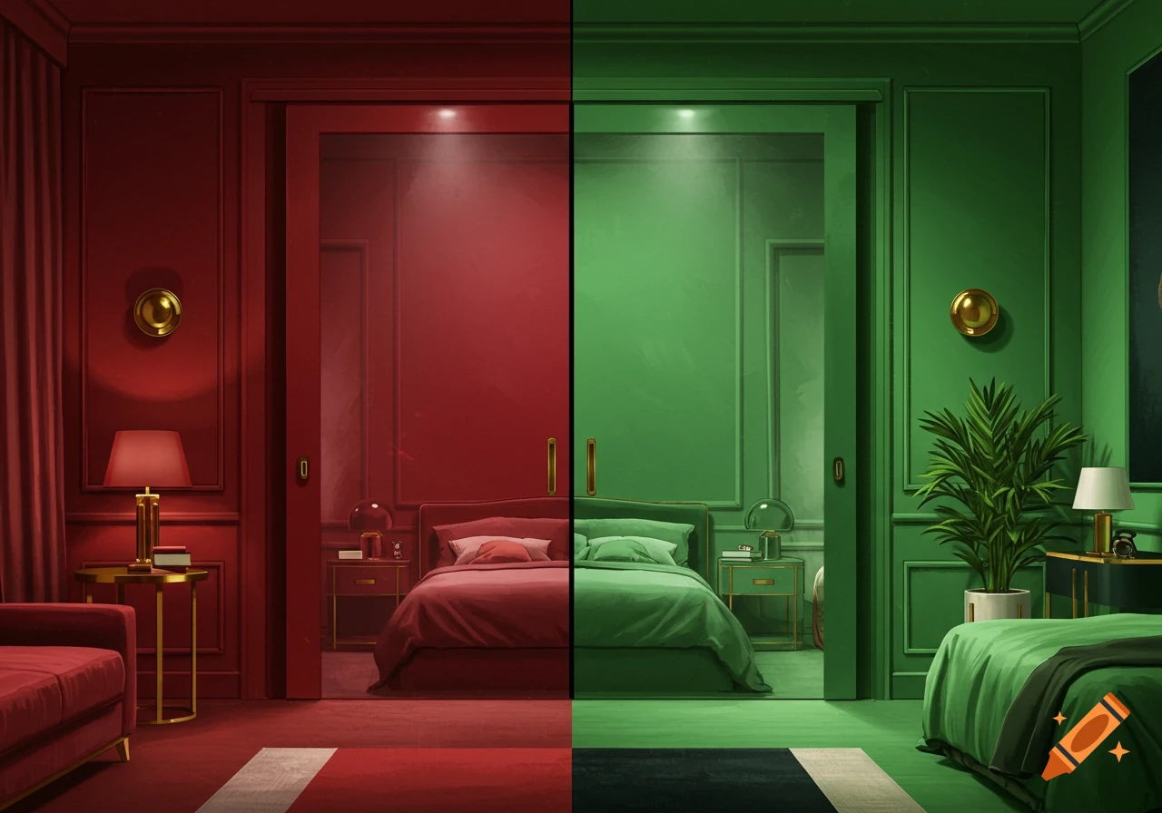 A split bedroom with a sliding door in the center. The left side is decorated in red, and the right side is decorated in green.