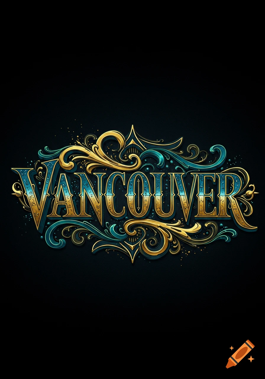 Ornate gold and teal lettering of 'VANCOUVER' with intricate flourishes and sparkling details on a black background.