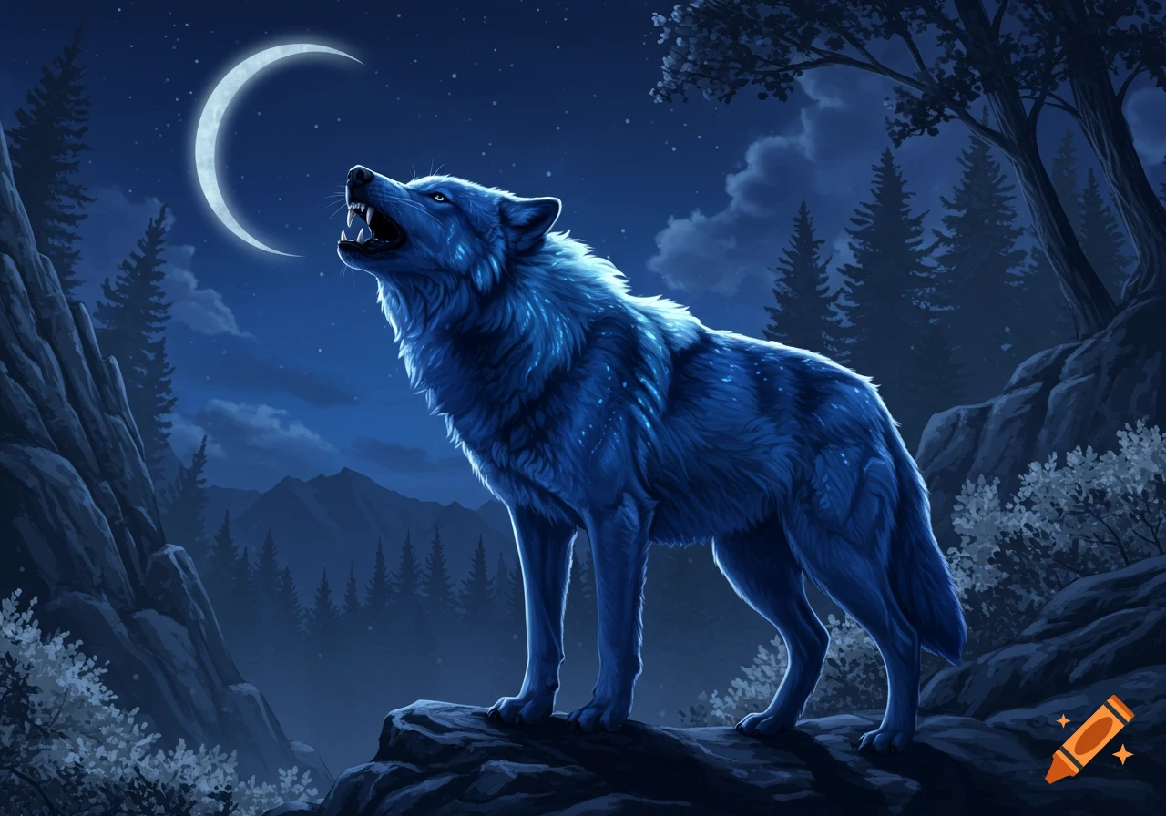 A stylized blue wolf howls at a crescent moon in a dark, forested mountain landscape.