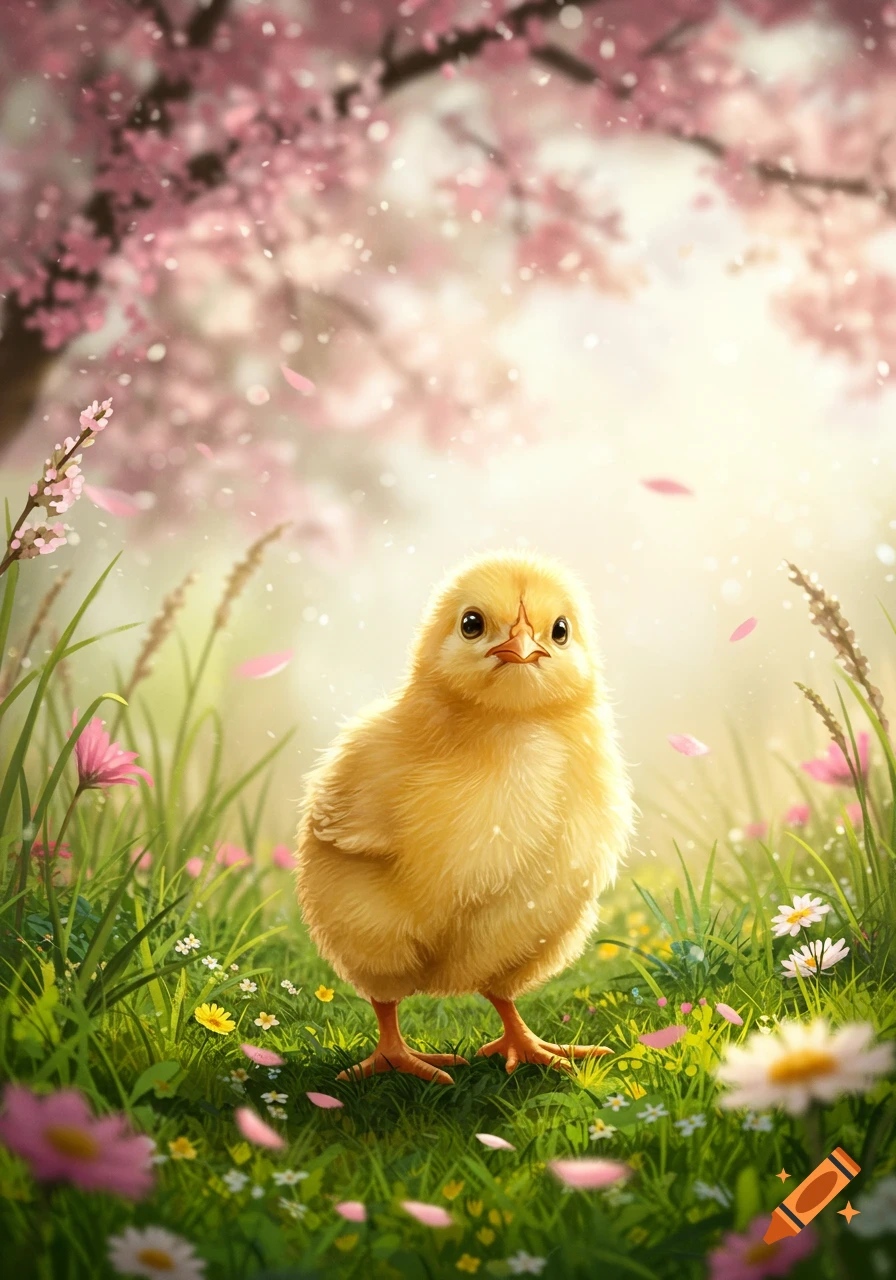 A fluffy yellow chick stands in a field of green grass and small flowers, with pink cherry blossom petals falling around it from a tree.