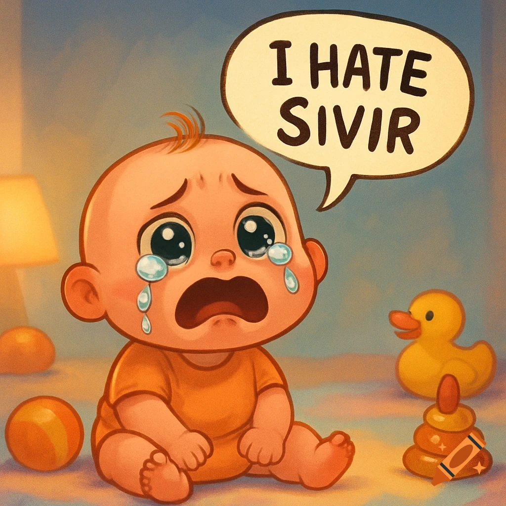A cartoon crying baby in an orange onesie with tears streaming down its face, next to a rubber duck and stacking toy, saying 'I HATE SIVIR' in a speech bubble.