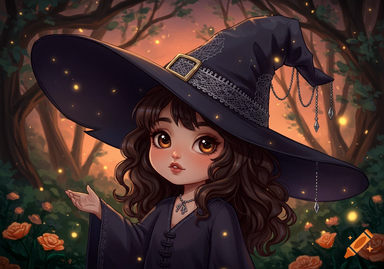 A cartoon witch with big brown eyes, wavy brown hair, and a large black hat in a magical forest with glowing lights and orange flowers.