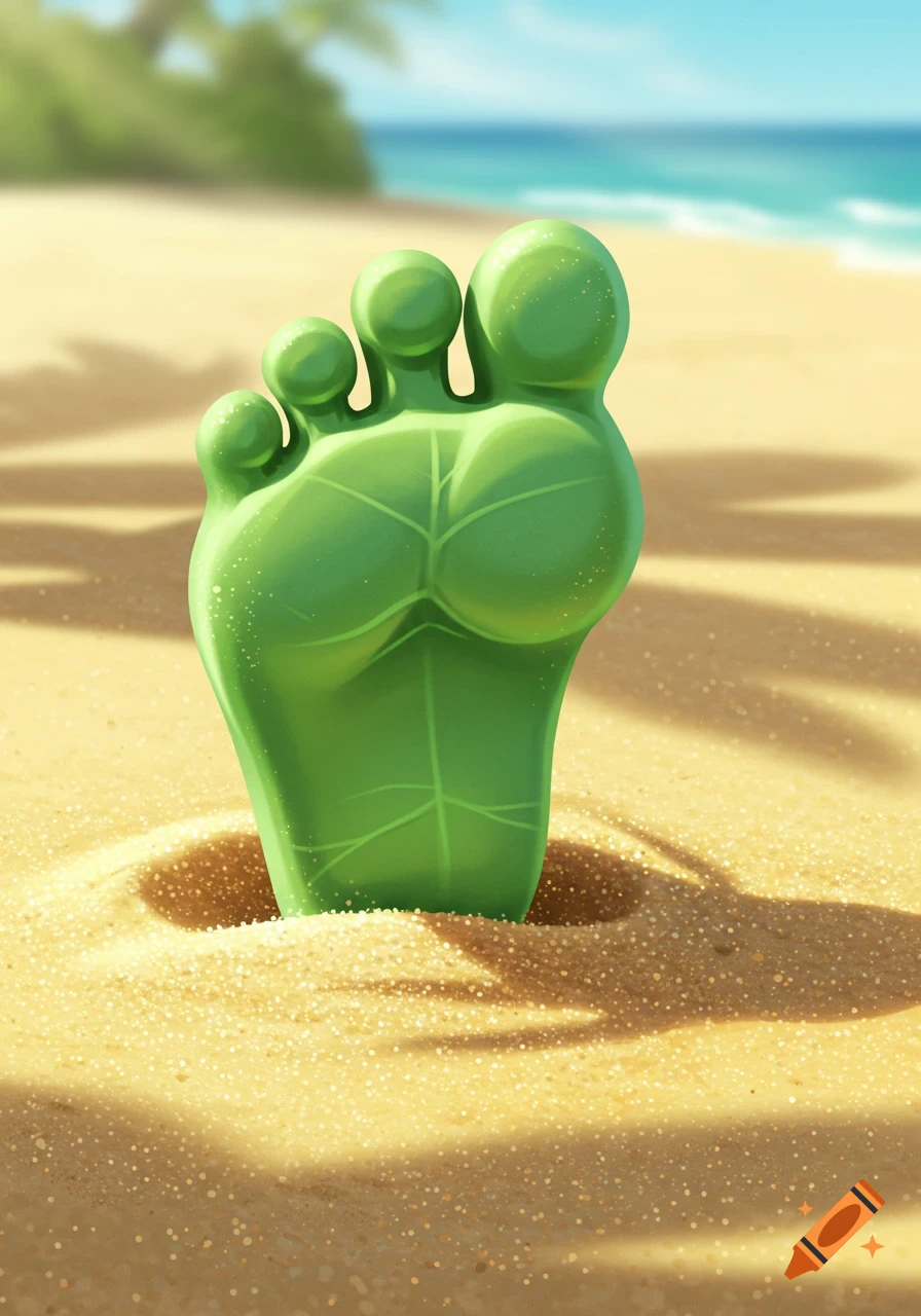 Cartoonish green leaf-like foot emerging from yellow sand on a sunny beach with blurred ocean and palm trees in background.