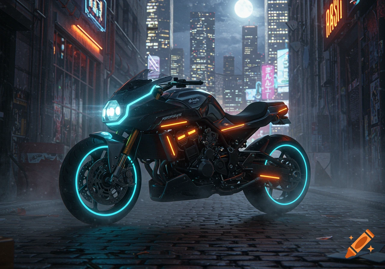 A futuristic dark motorcycle with glowing neon blue and orange accents parked on a wet street in a cyberpunk city at night under a full moon.