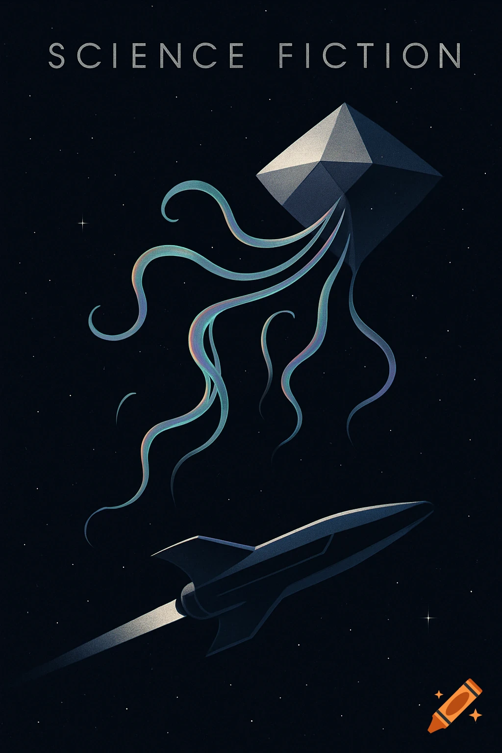 Minimalistic space poster with a geometric tentacled alien above a rocket ship, against a starry dark sky. Text: SCIENCE FICTION.
