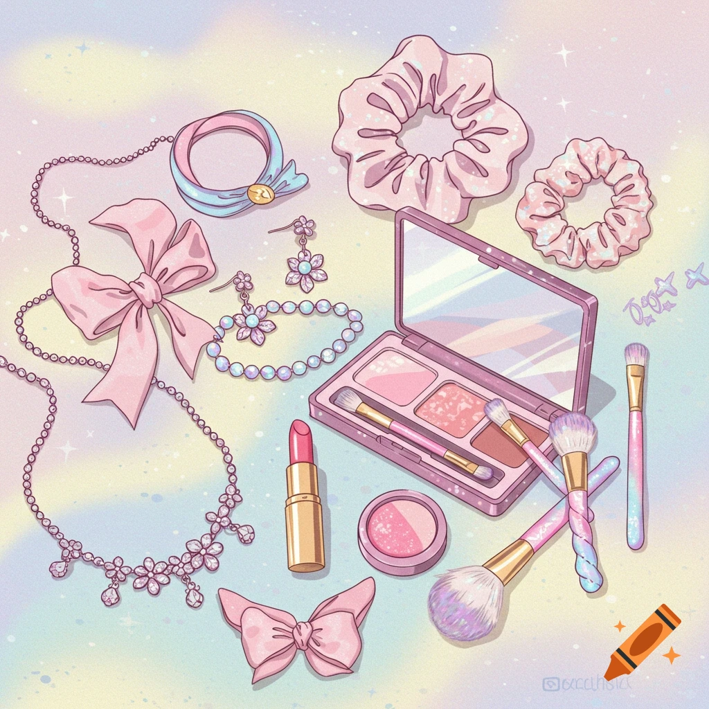 A pastel, cute illustration of beauty accessories: necklaces, earrings, bracelets, hair bows, scrunchies, lipstick, eyeshadow, blush, and brushes.