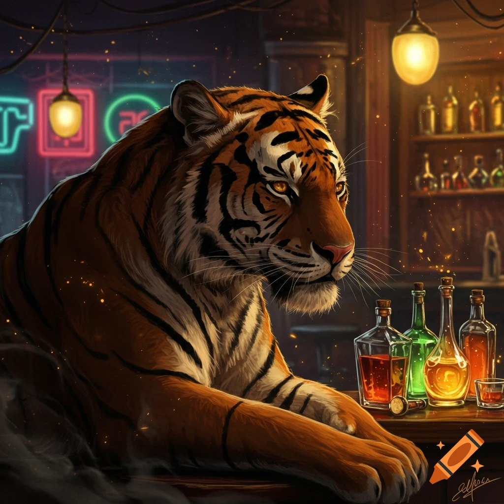 A majestic tiger rests its paws on a dimly lit bar counter, with glowing bottles and neon signs in a stylized digital painting.