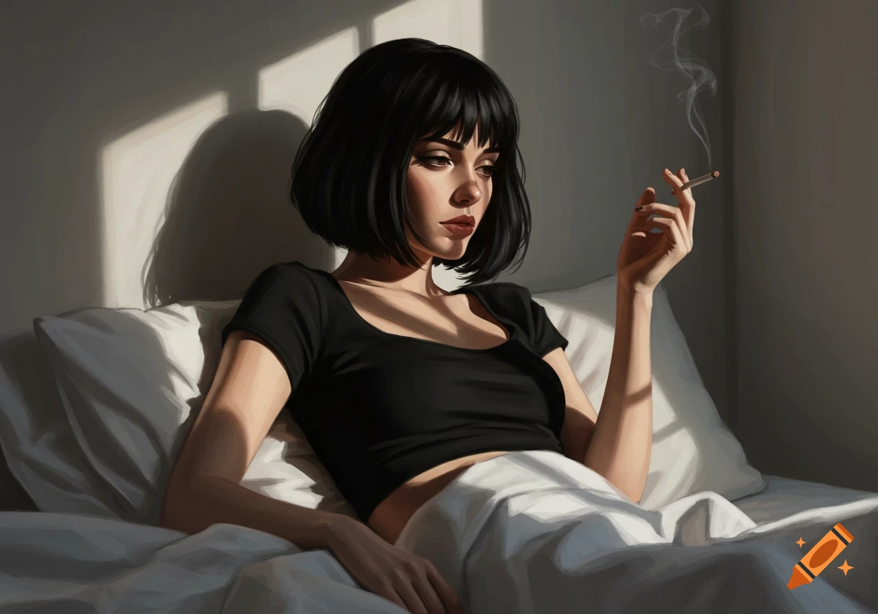 Illustrative portrait of a woman with short black hair and a blunt bob, smoking in bed with sunlight.