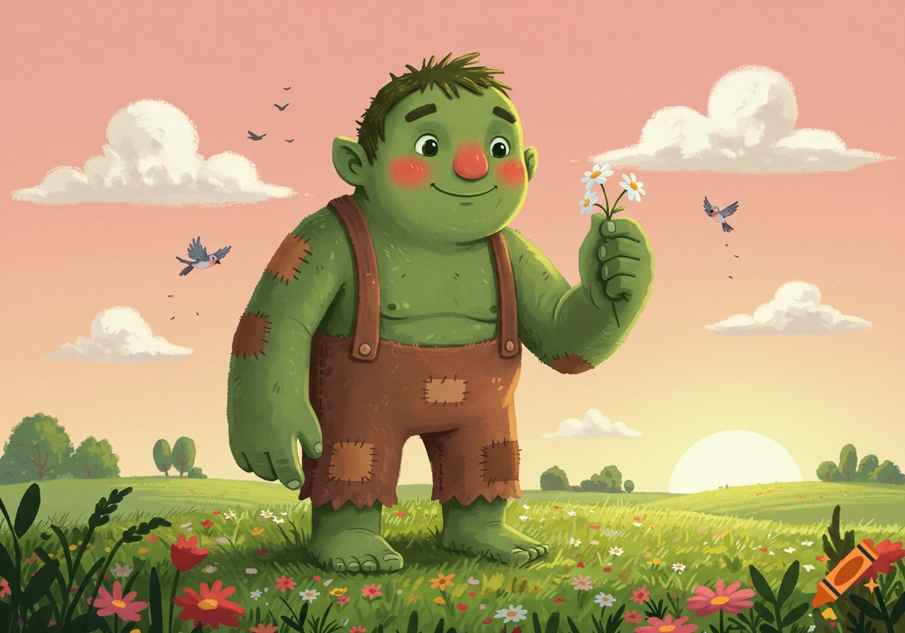 A friendly green giant with rosy cheeks in brown overalls stands in a field of wildflowers, holding daisies, under a pink sunset sky.
