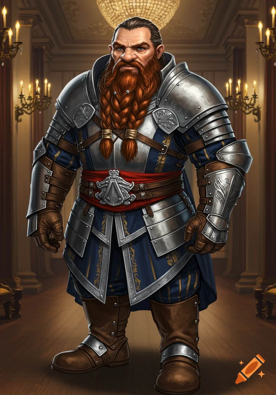 A burly dwarf in ornate steel armor with a red braided beard stands sternly in an elegant, candlelit hall.