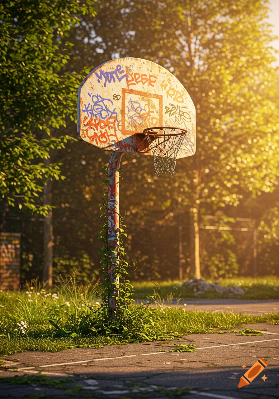 An old, abandoned basketball hoop with graffiti on its backboard and vines growing up its pole, set in a sunny, overgrown outdoor court.