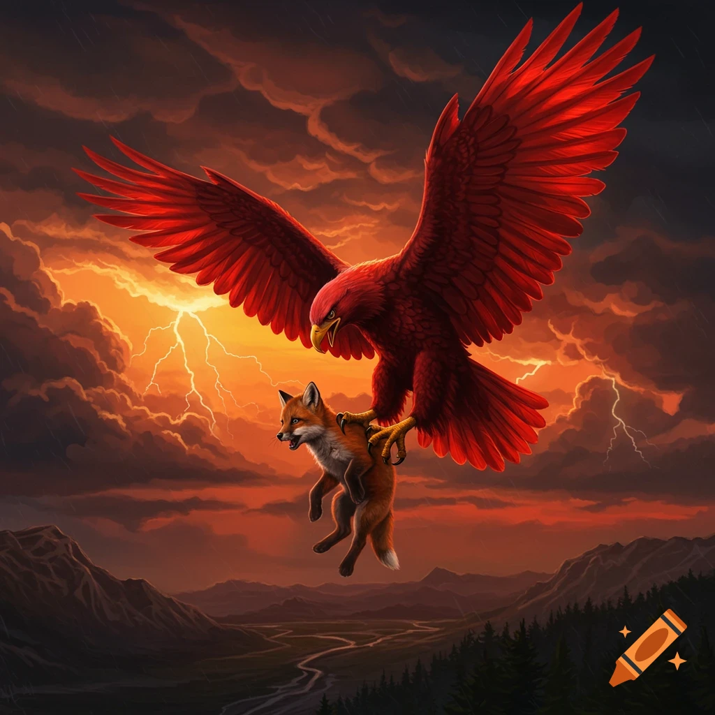 A vibrant red eagle carries a struggling fox cub through a stormy sky with lightning over dark mountains.