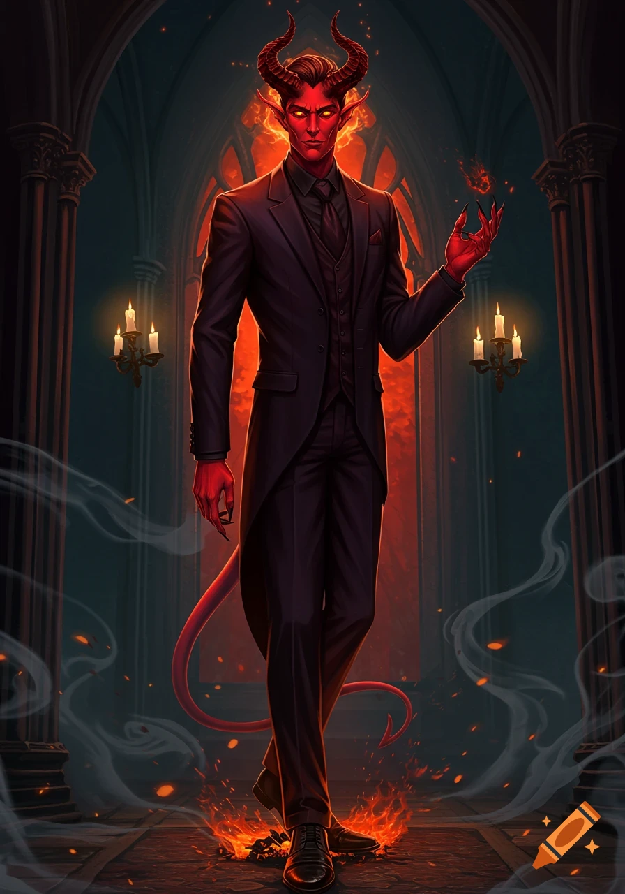 A red-skinned, horned demon in a dark suit stands in a gothic hall with fire, hand glowing. Illustration.