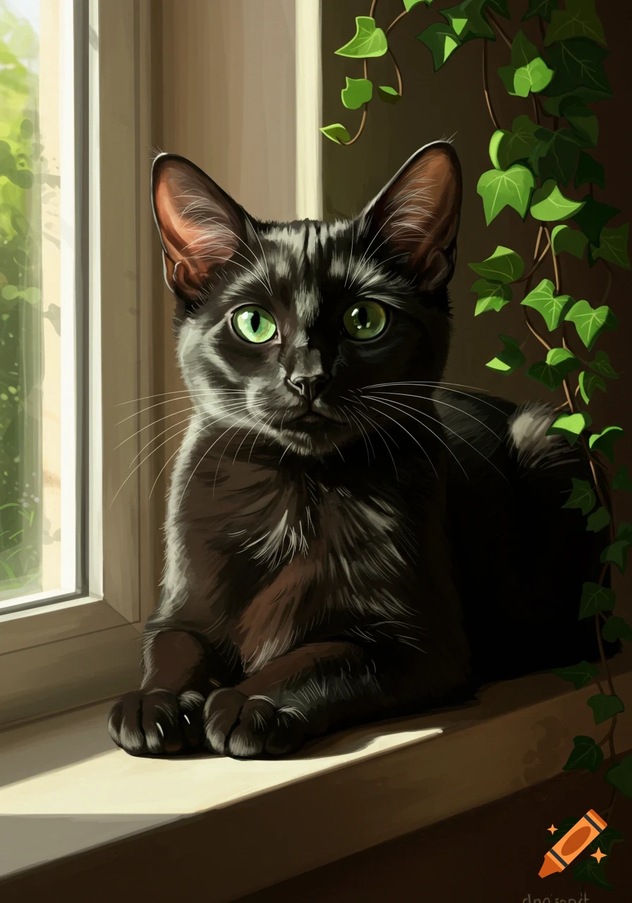 Digital painting of a glossy black cat with bright green eyes sitting on a sunlit window sill next to green ivy.