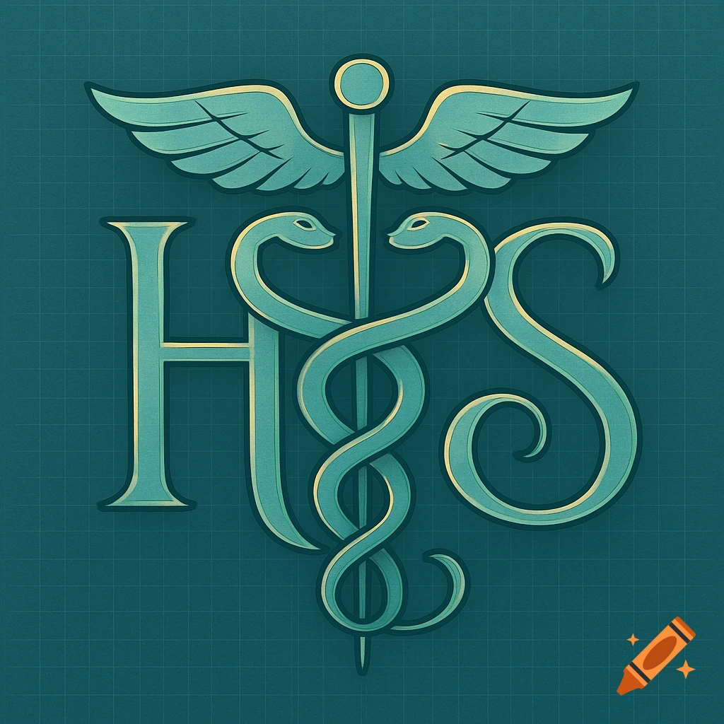 Stylized teal and gold monogram with letters H and S integrated into a caduceus symbol on a dark teal background.