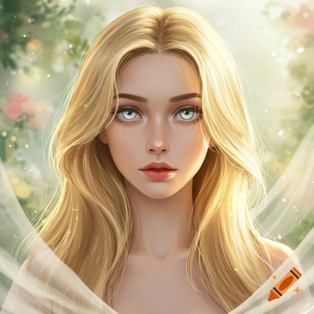 Digital painting of a blonde woman with long wavy hair and bright grey eyes, softly lit in a dreamy outdoor setting.