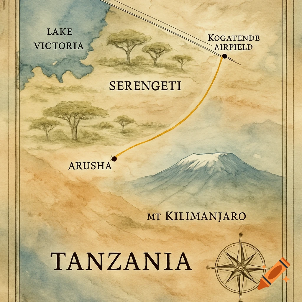 Watercolor travel map of Tanzania with Lake Victoria, Serengeti, Mt Kilimanjaro, and a flight path from Arusha to Kogatende airfield.