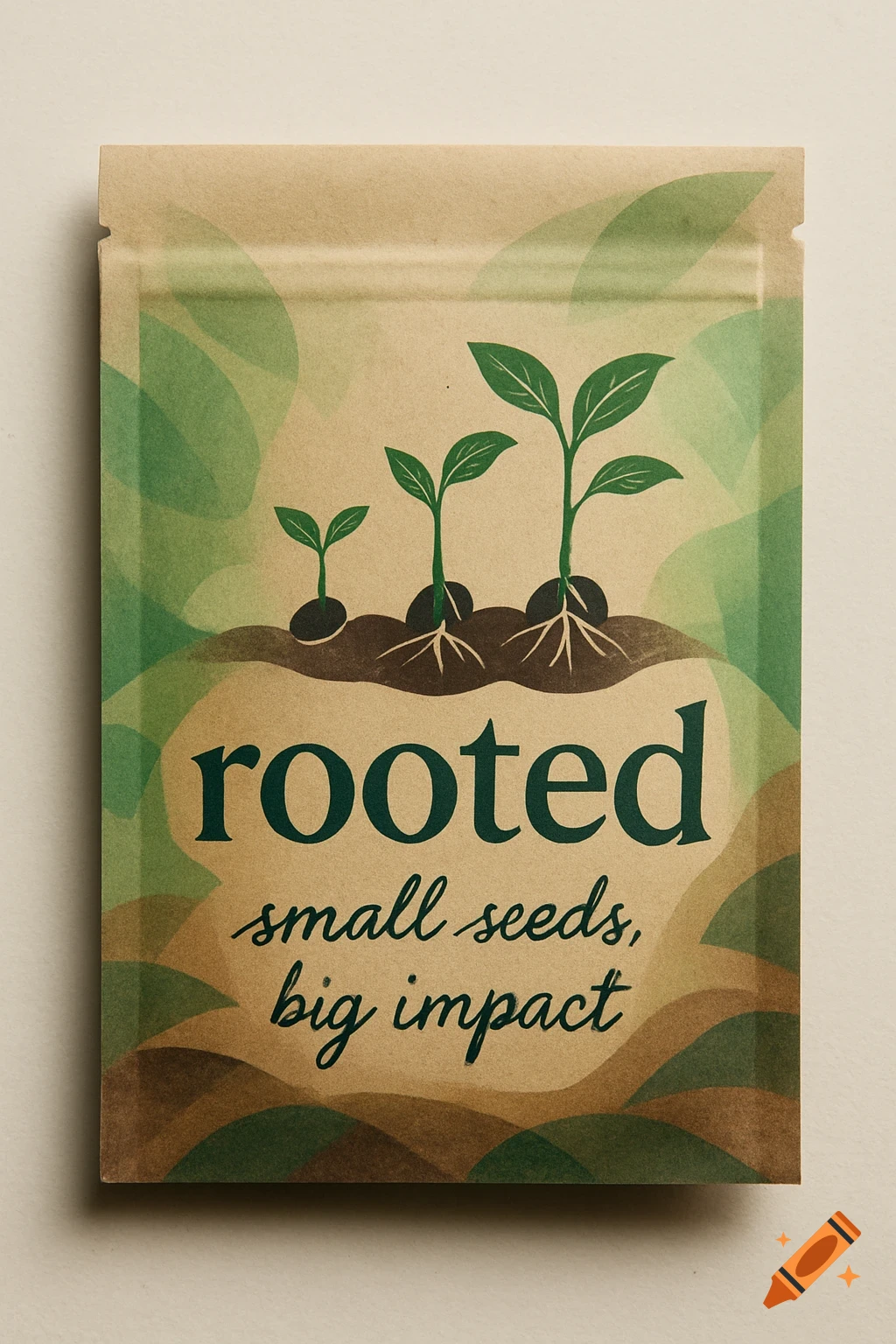 Craft paper seed packet with three green sprouting plants and the brand name 'rooted' and motto 'small seeds, big impact' in green text.