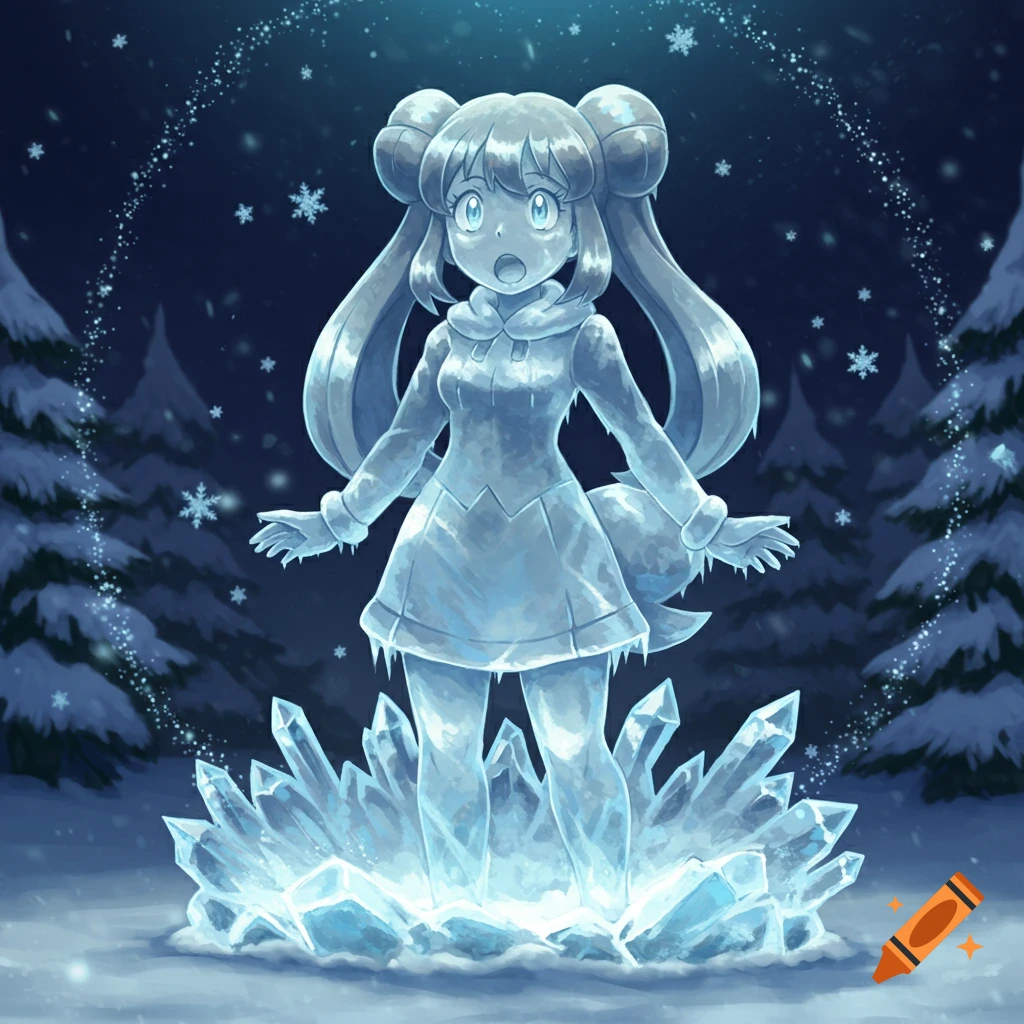 Anime girl Rosa from Pokemon frozen as an ice statue with a surprised expression in a snowy forest at night.