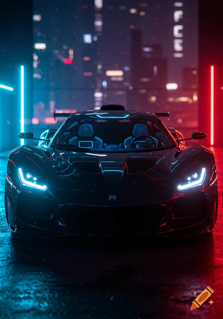 A futuristic black supercar with glowing blue headlights and interior lights parked on a wet street at night, illuminated by blue and red neon lights in a cyberpunk city.