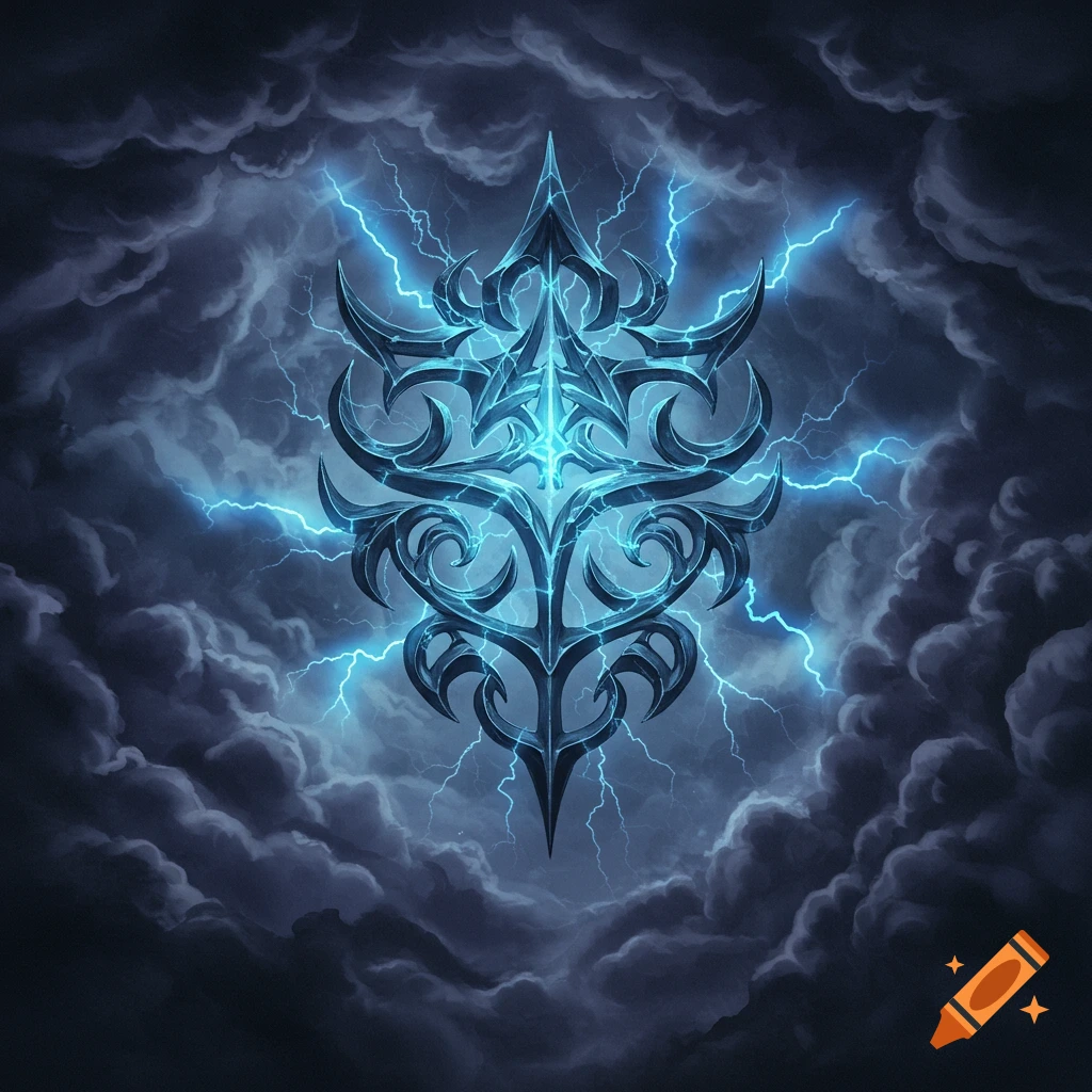 A glowing blue ornate sigil crackling with electric lightning, set against dark, stormy clouds in a fantasy style.