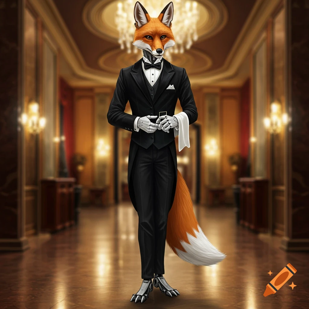 A sleek robot fox butler in a black tuxedo with robotic hands and feet stands in a luxurious golden hallway.
