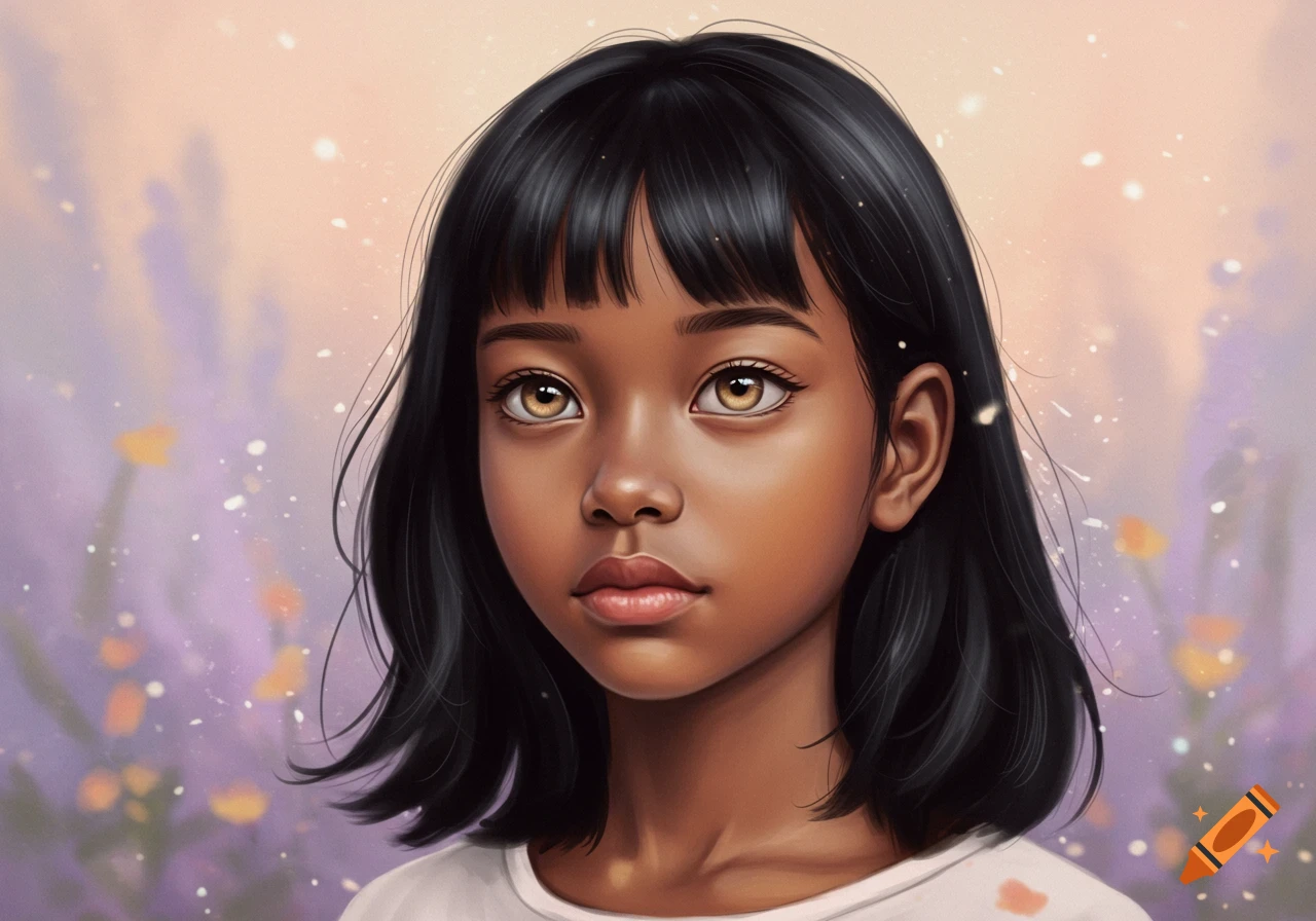 Digital art portrait of a young girl with dark skin, black hair with bangs, and golden-brown eyes, against a soft floral background.