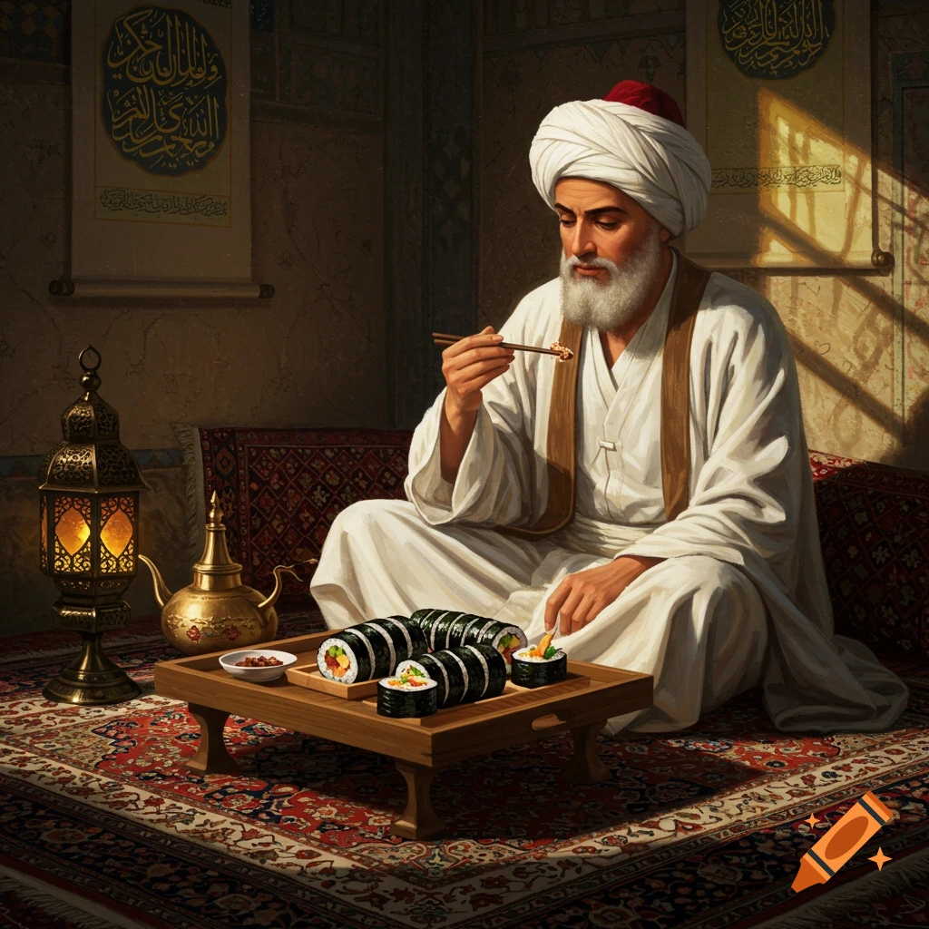 An old man in a white turban and traditional clothes eats sushi with chopsticks in a richly decorated room.