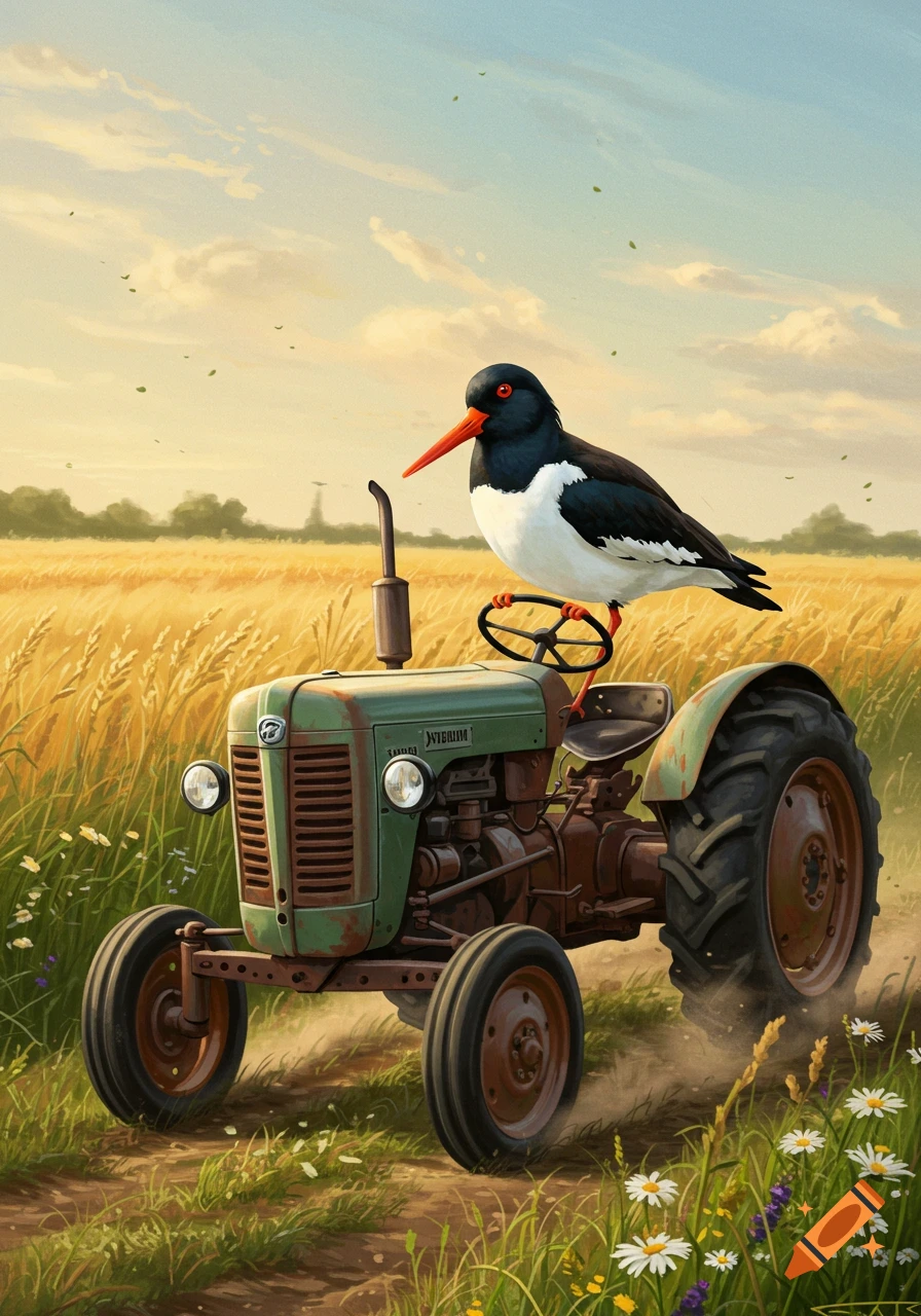 An oystercatcher bird stands on the steering wheel of a green vintage tractor in a golden wheat field.